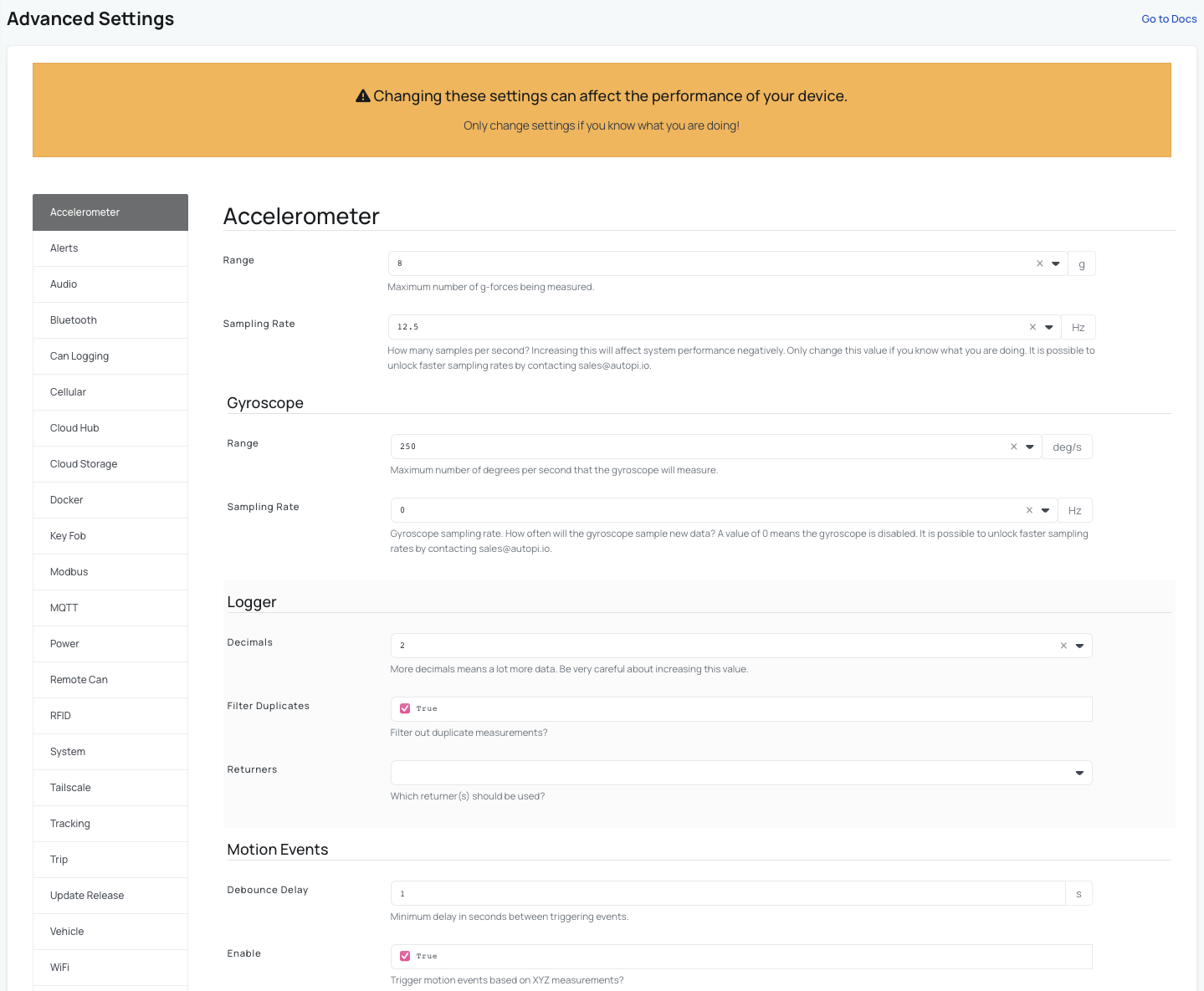 Advanced settings for Accelerometer