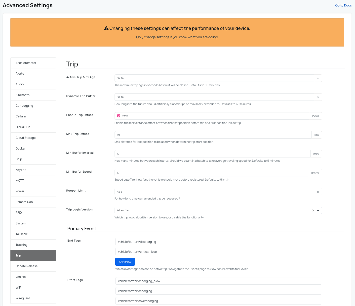 Advanced settings for Trip