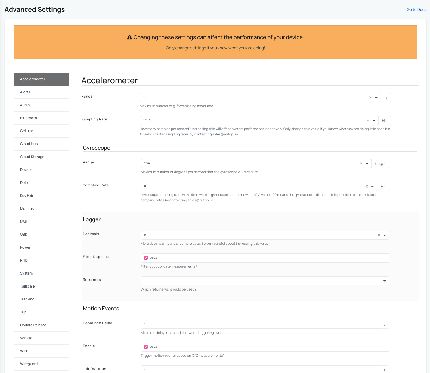 AutoPi Cloud Advanced Settings