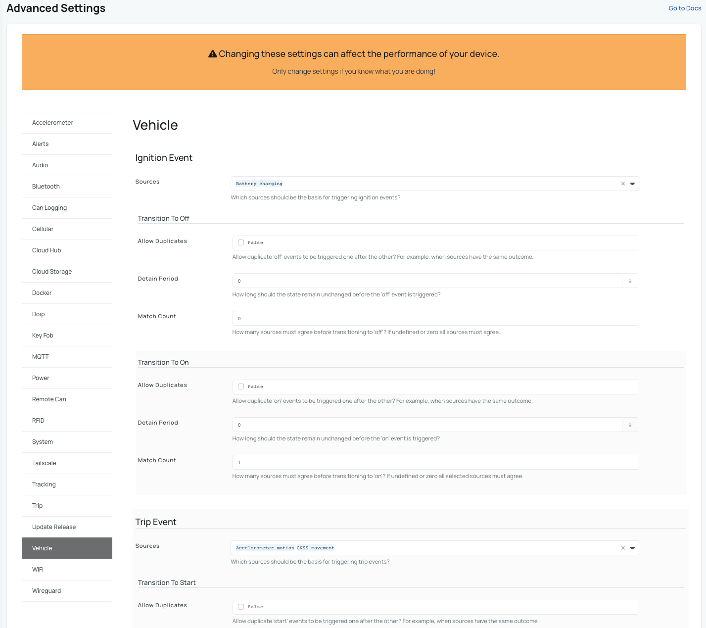 Advanced settings for Vehicle