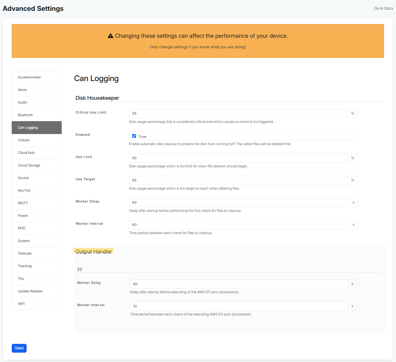 Advanced settings for Output Handler
