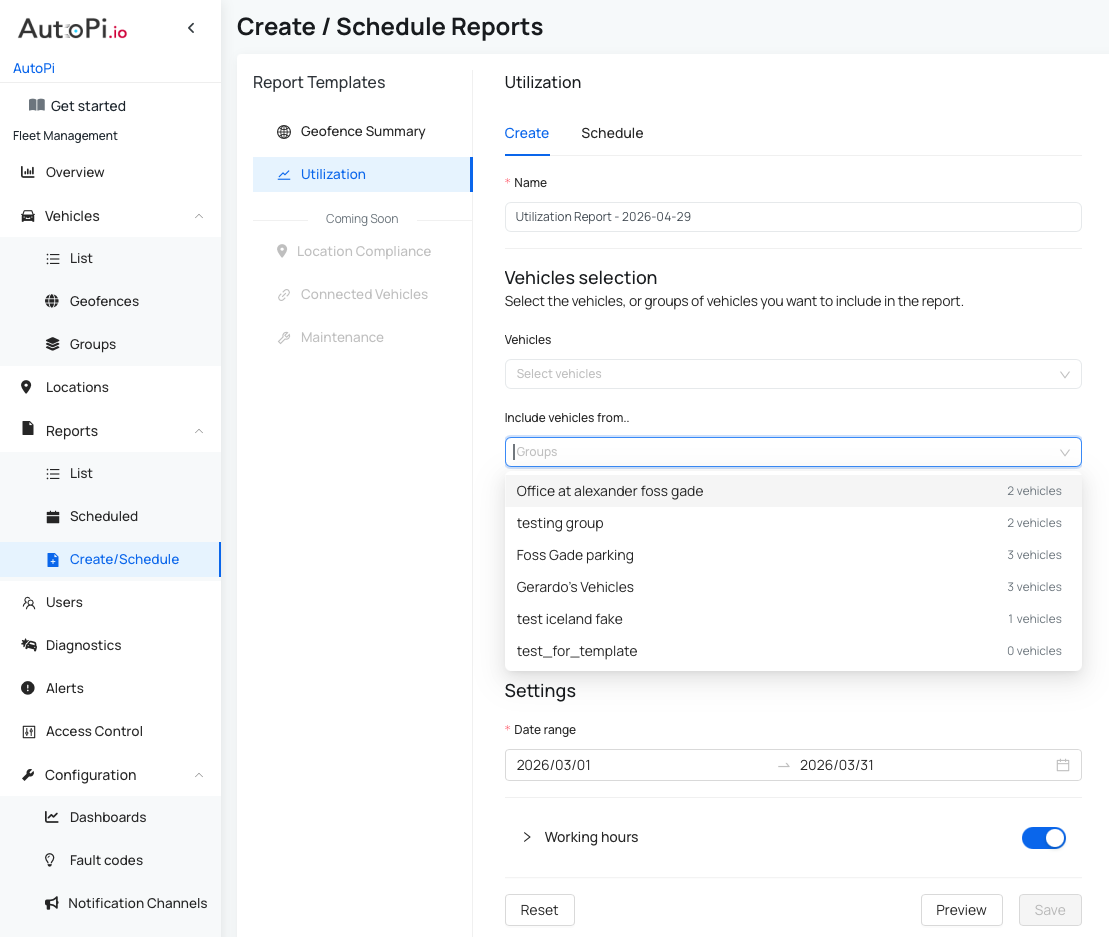 Vehicle group in the Report Creation