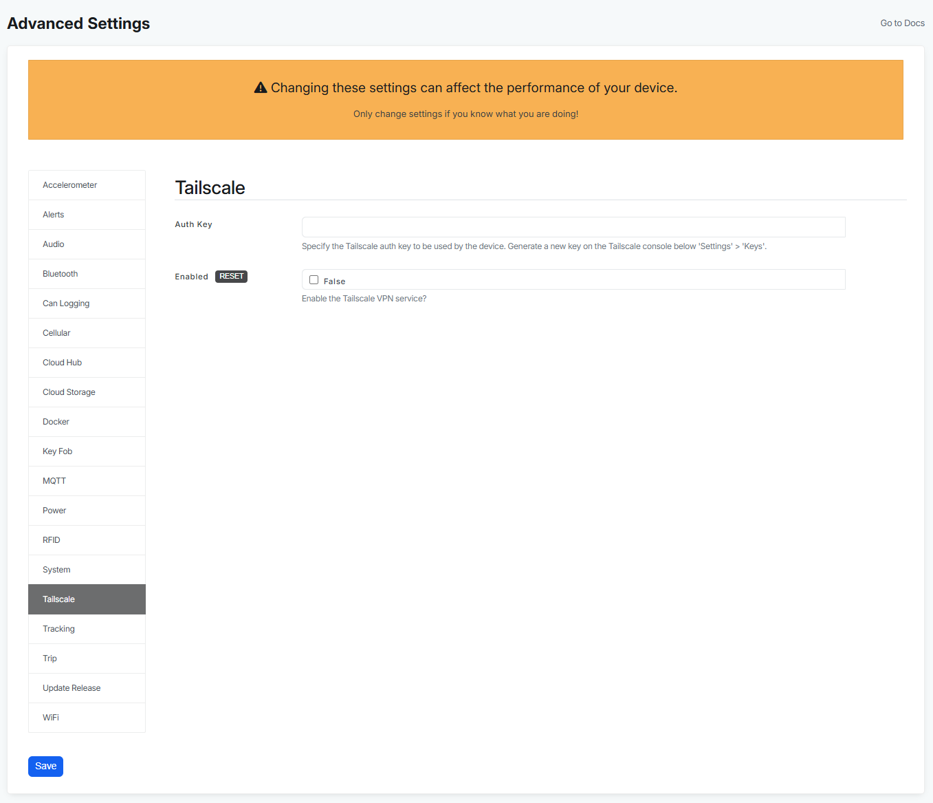 Advanced settings for Tailscale