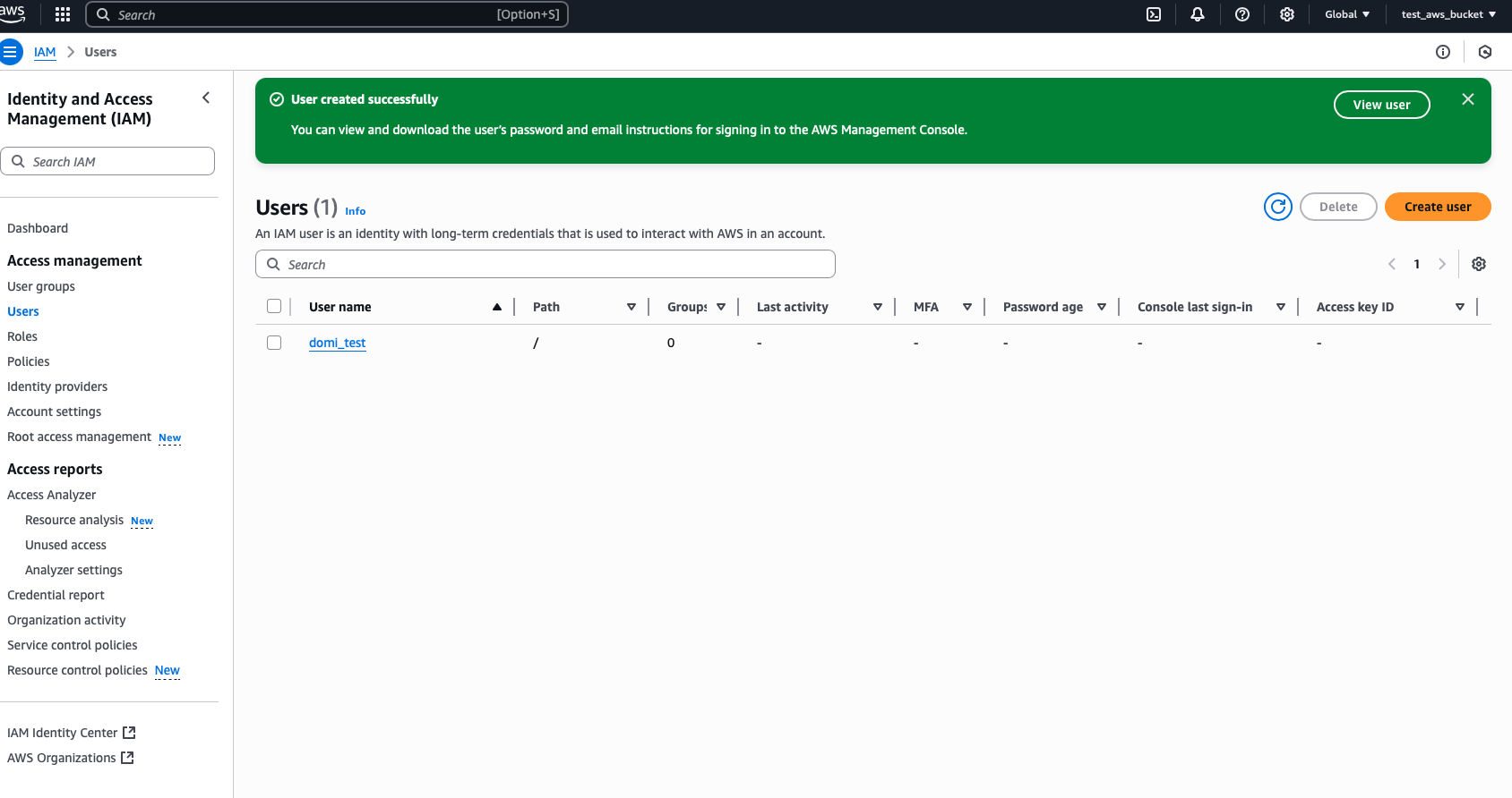 New user created