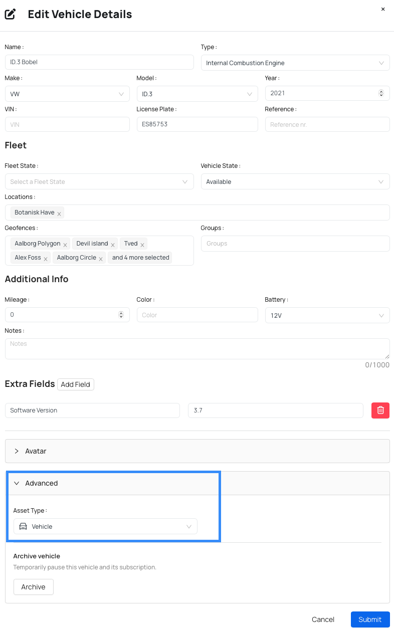 Assign an Asset Type to Vehicle