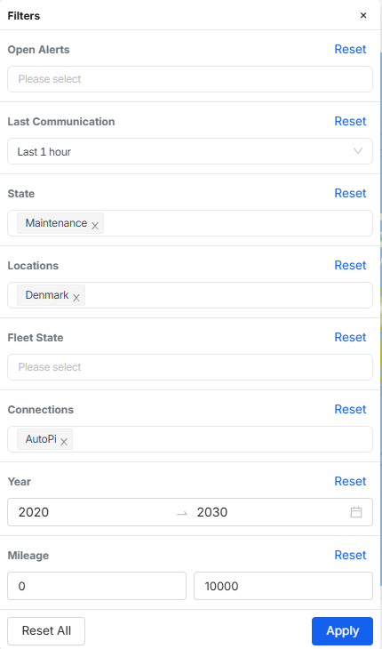 Vehicles list filters